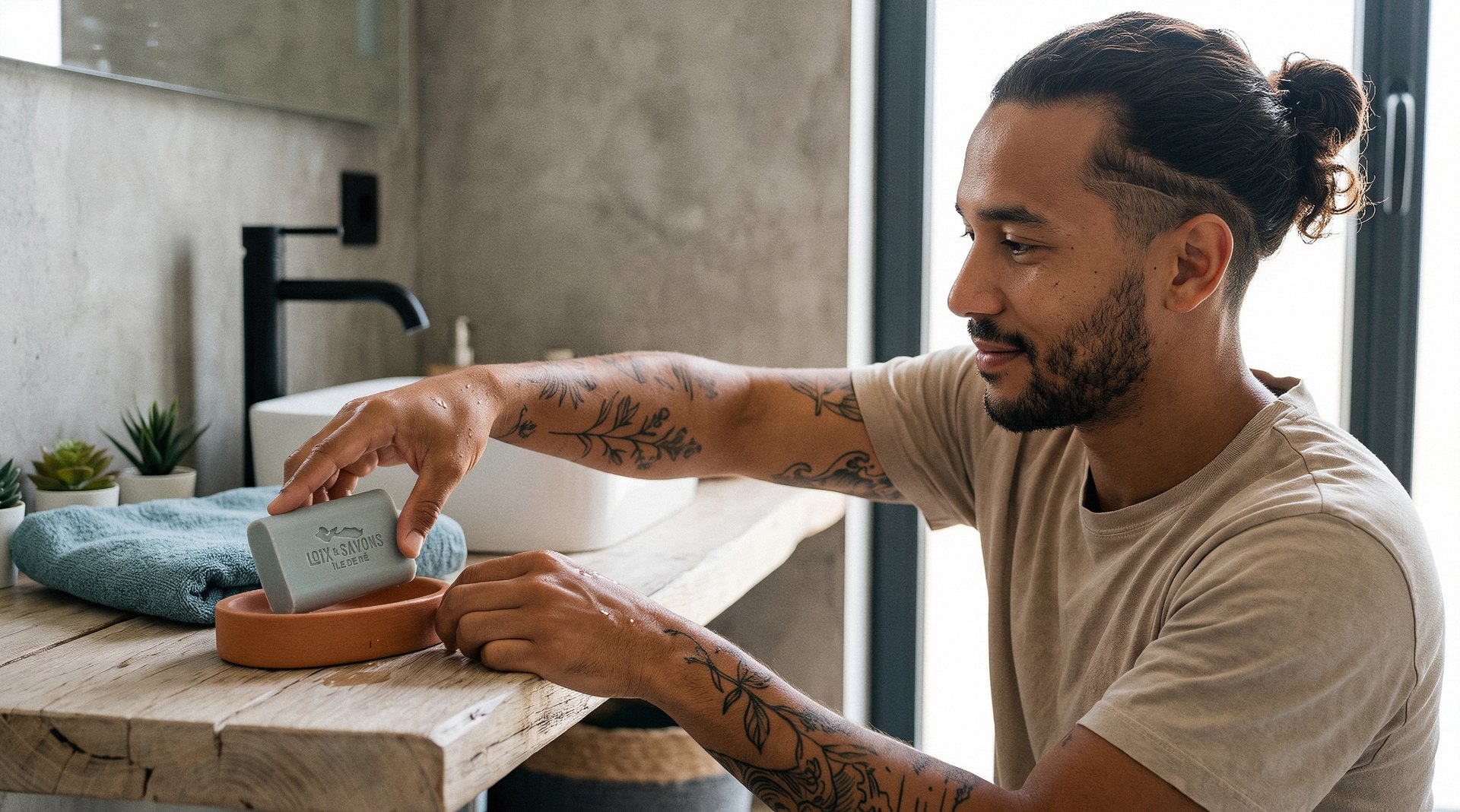 homme posant le savon bois flotte sur un porte savon en terracotta