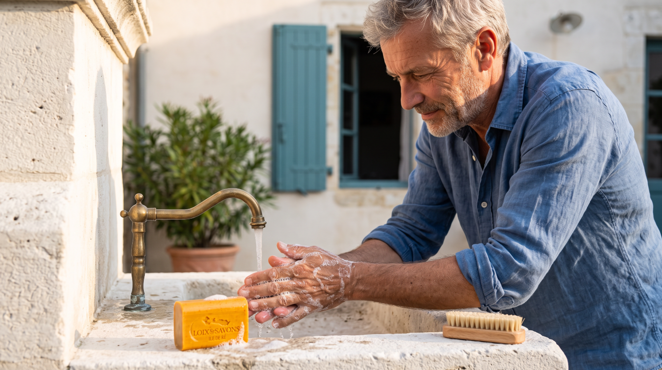 Homme se lavant les mains au savon curcuma a un evier exterieur en pierre calcaire