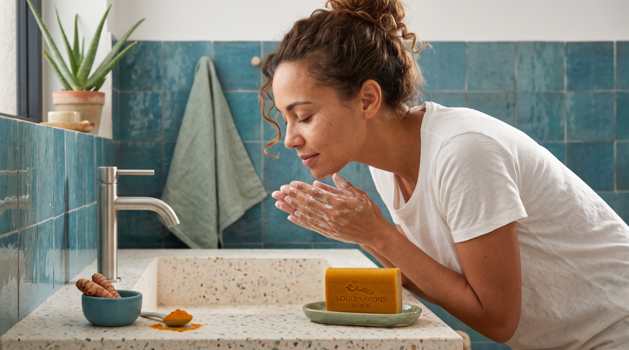 Femme se lavant le visage avec la mousse du savon au curcuma dans une salle de bain contemporaine