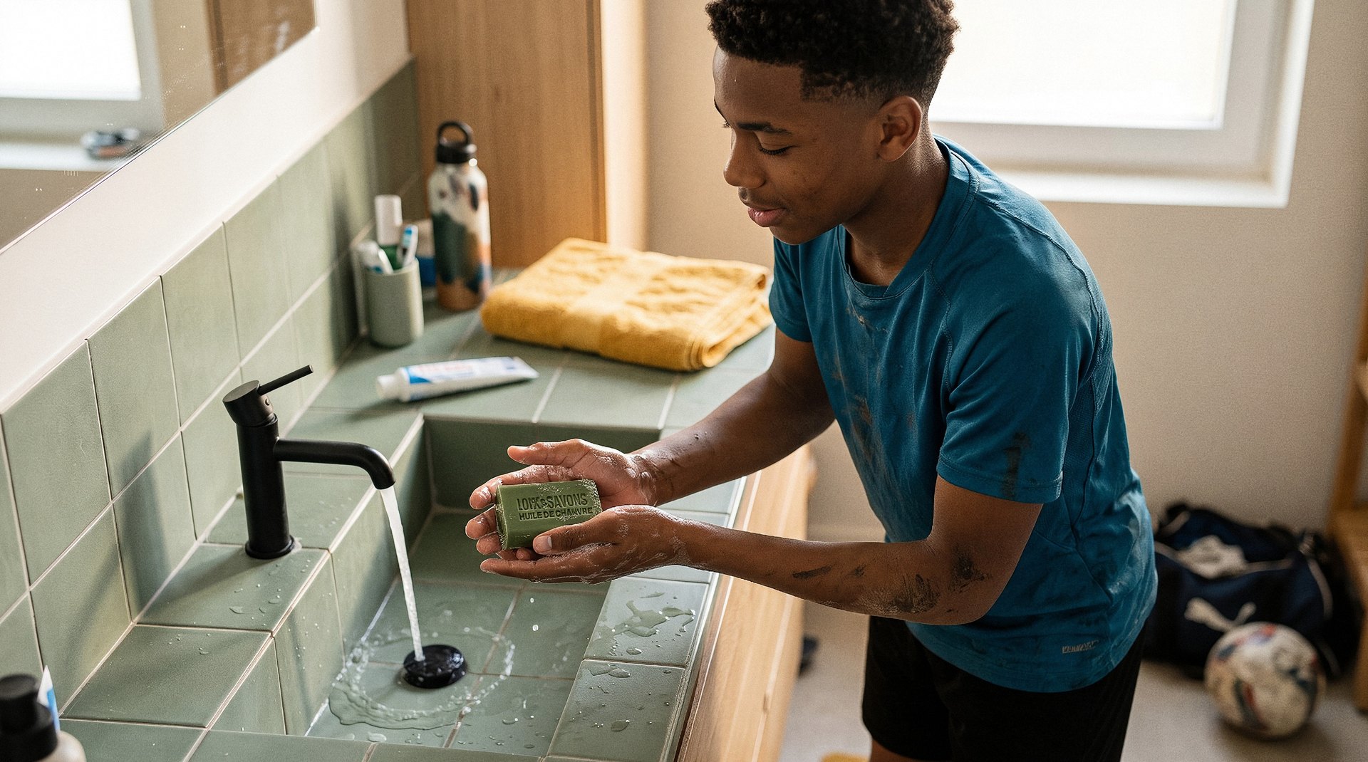 adolescent se lavant les mains avec le savon a l huile de chanvre