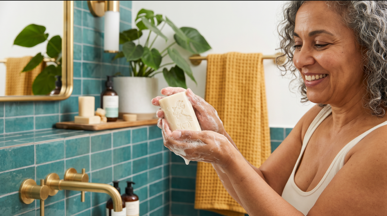 femme fait mousser un savon au lait de chevre dans une salle de bain lumineuse