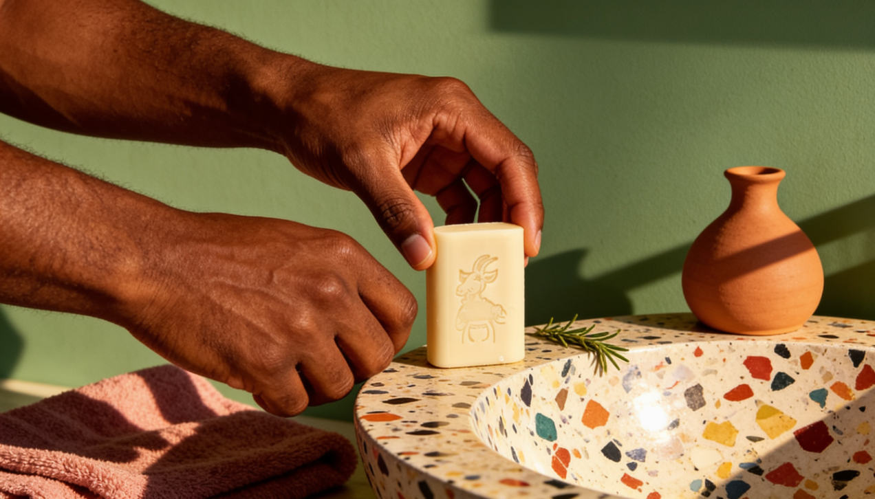 homme prend un savon au lait de chevre sur une vasque en pierre ile de re