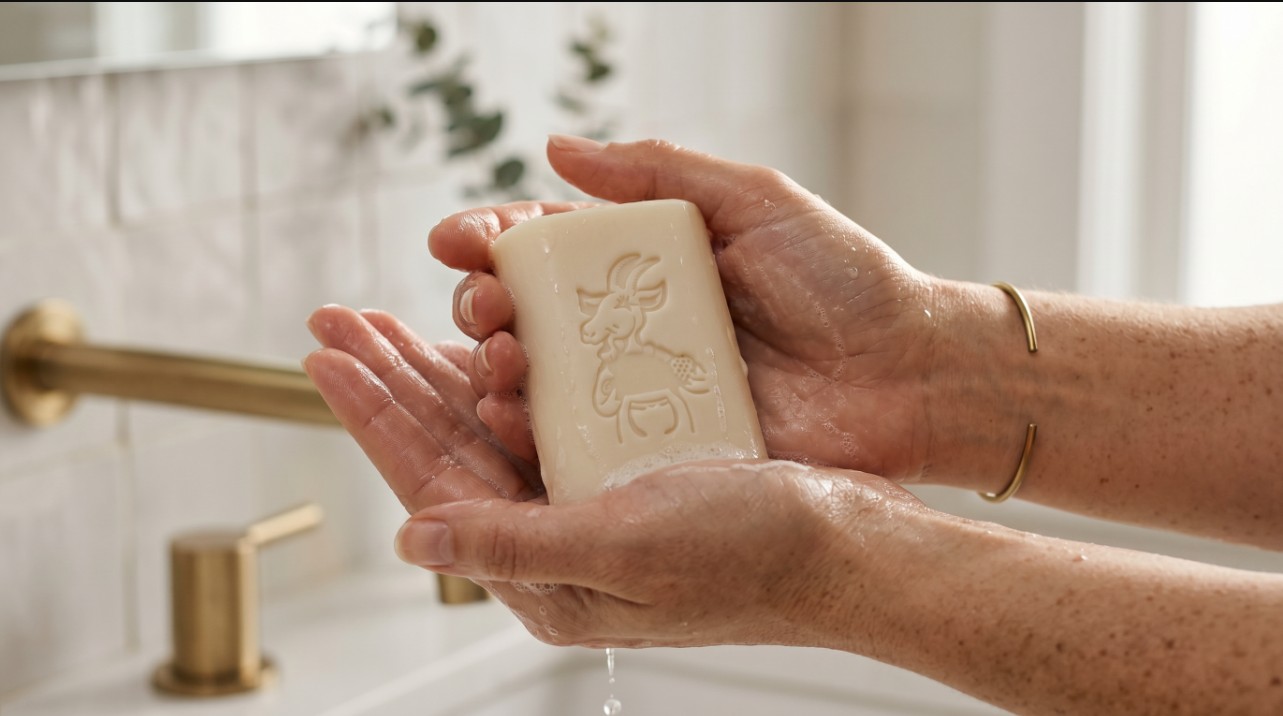 Mains faisant mousser savon au lait de chevre 100g salle de bain matin