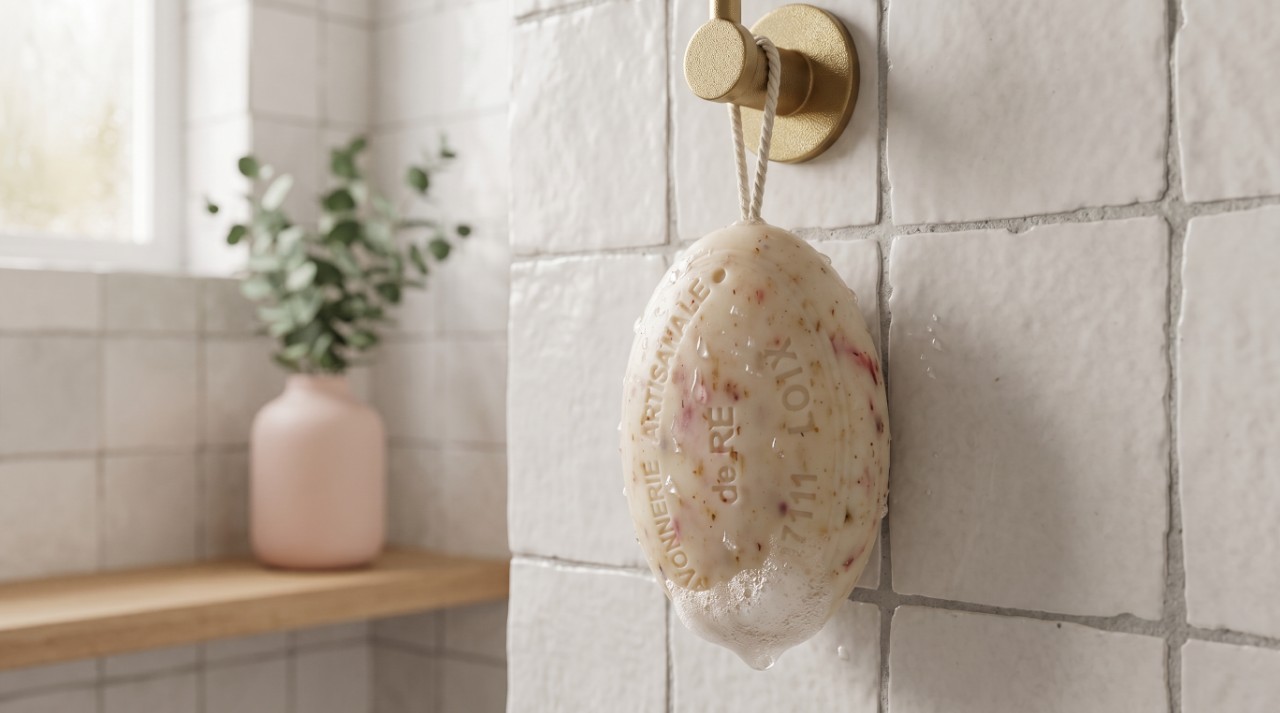 Savon rose tremiere format ficelle 200g suspendu dans douche zellige blanc laiton