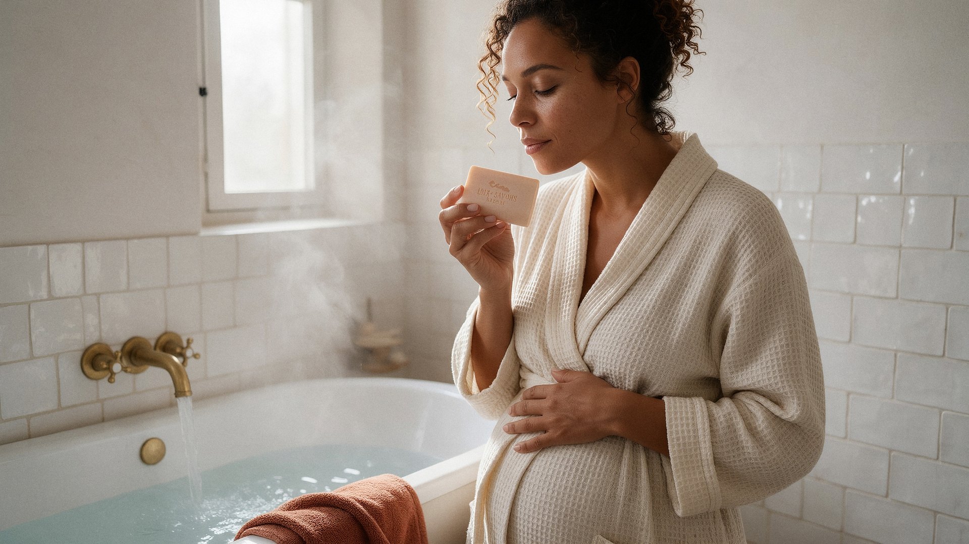 femme enceinte sentant le savon soleil et dunes dans une salle de bain blanche