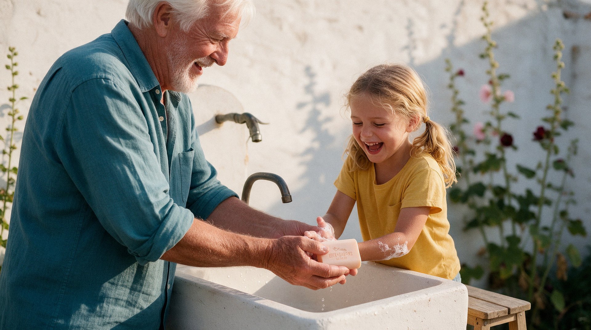 grand pere et petite fille se lavant les mains avec le savon soleil et dunes sur un evier en pierre