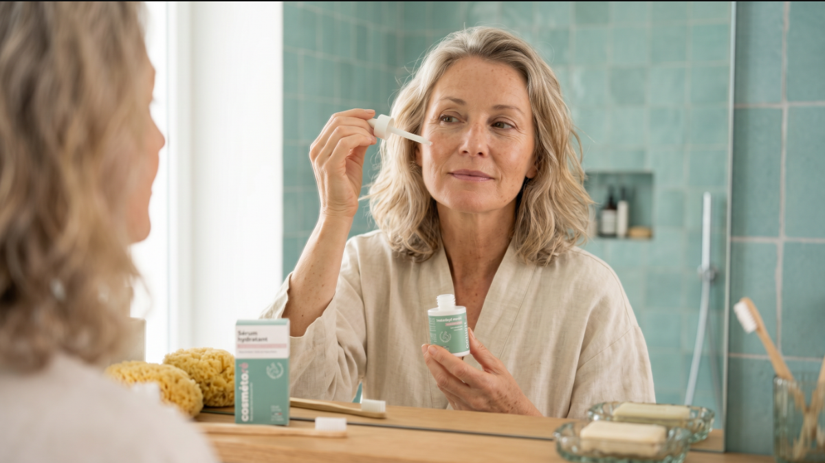 femme applique le serum hydratant au lait d anesse sur le visage