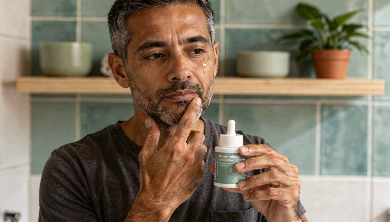 homme applique le serum hydratant au lait d anesse sur peau sensible
